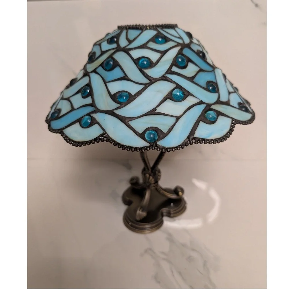 PartyLite Spring Water Tiffany Style Candle Lamp Blue Slag Glass P7952 Bronze